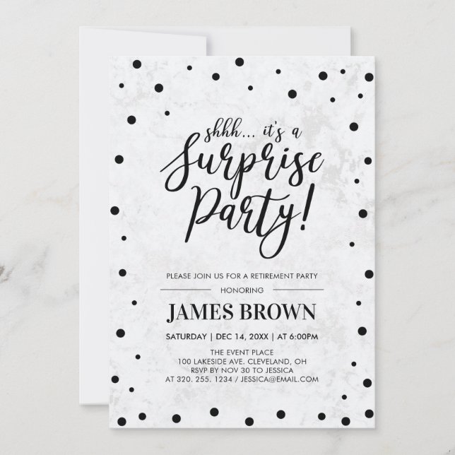 Invitation Confettis noirs et fête de retraite surprise sur f (Devant)