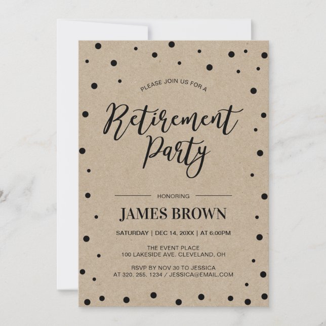 Invitation Confettis noirs & Kraft | Fête de retraite moderne (Devant)