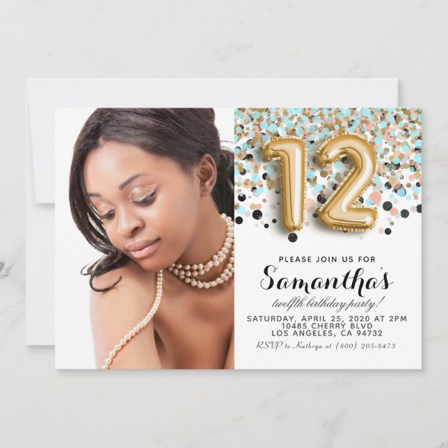 Invitation Confettis Or Portrait Anniversaire 12 Ans (Devant)