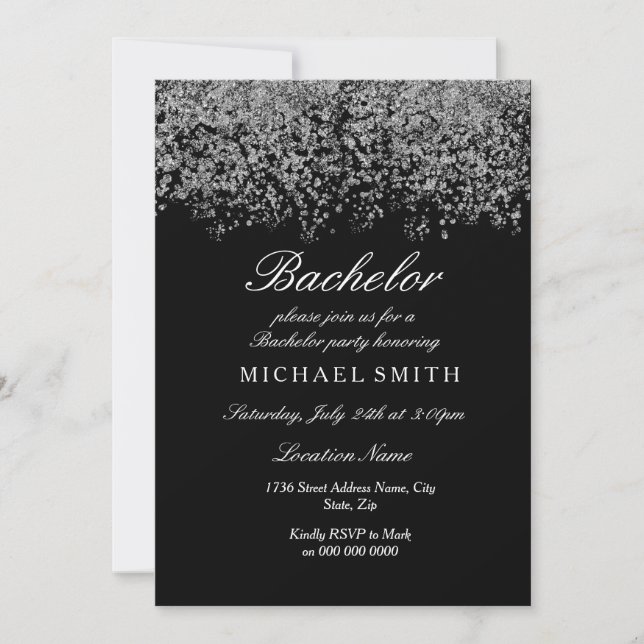 Invitation Confettis Pailletés Argent Fête de Bachelor Noir (Devant)