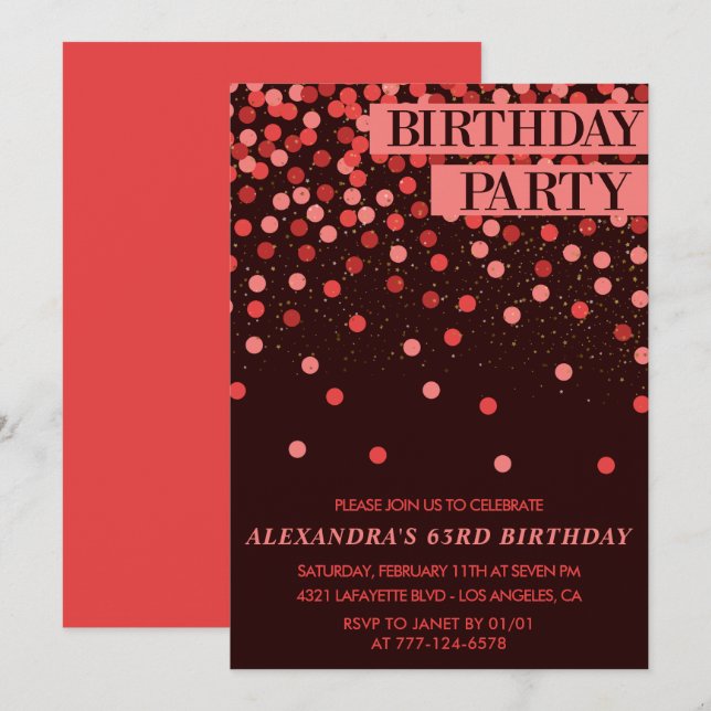 Invitation Confettis Pailletés Luxe pour 63e anniversaire (Devant / Derrière)