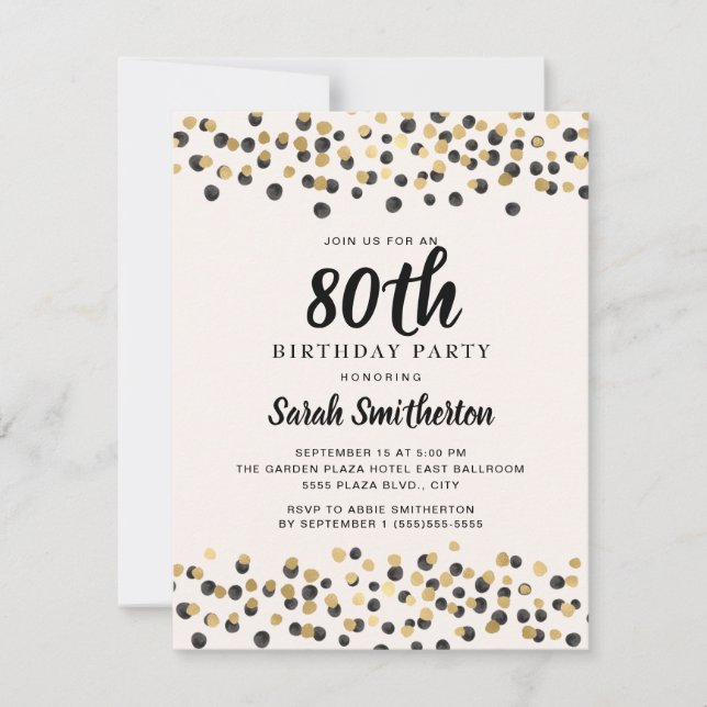 Invitation Confettis Pailletés Or Noir 80e Anniversaire (Devant)