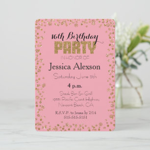 Invitation Confettis Pailletés Or Rose pour 16e Anniversaire