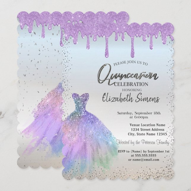 Invitation Confettis points, robe bleue gouttes violettes Qui (Devant / Derrière)