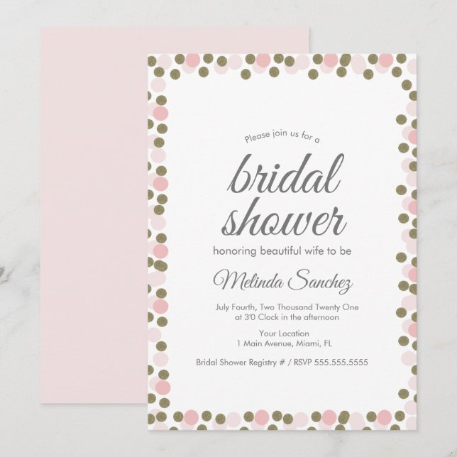 Invitation Confettis Points Roses Bordure Dorée Baby Shower d (Devant / Derrière)