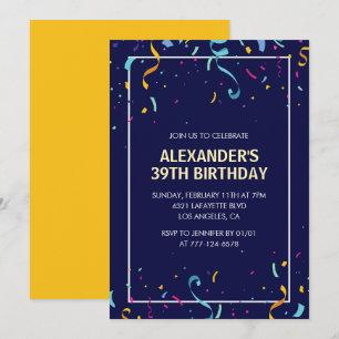 Invitation Confettis pour hommes modernes simples 39e anniver