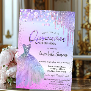 Invitation Confettis, Robe, Quinceañera violet pailleté