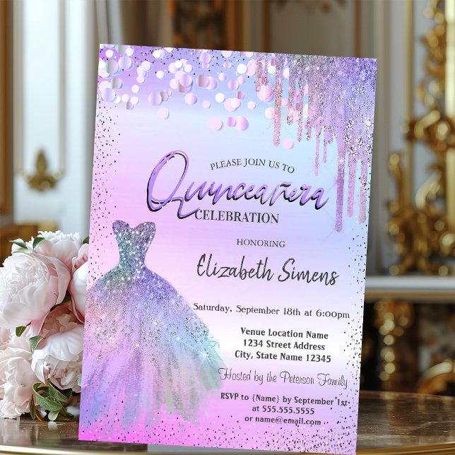 Invitation Confettis, Robe, Quinceañera violet pailleté (Créateur téléchargé)