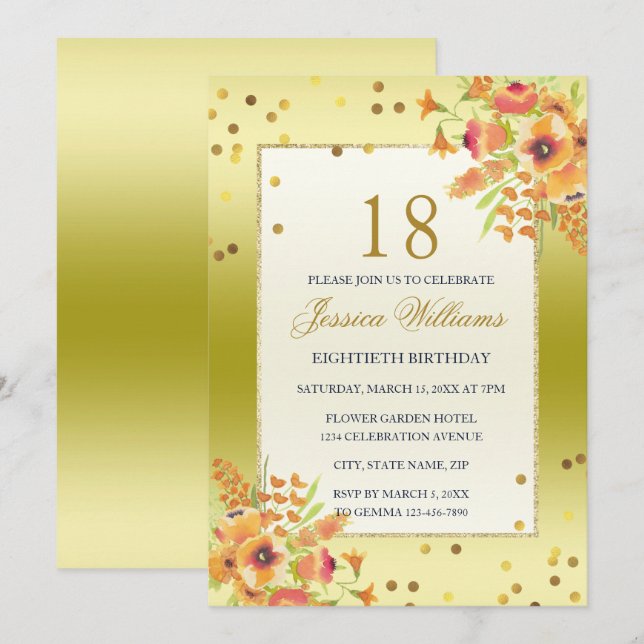 Invitation Confettis Romantiques & Bouquets d'Angle 18e Anniv (Devant / Derrière)