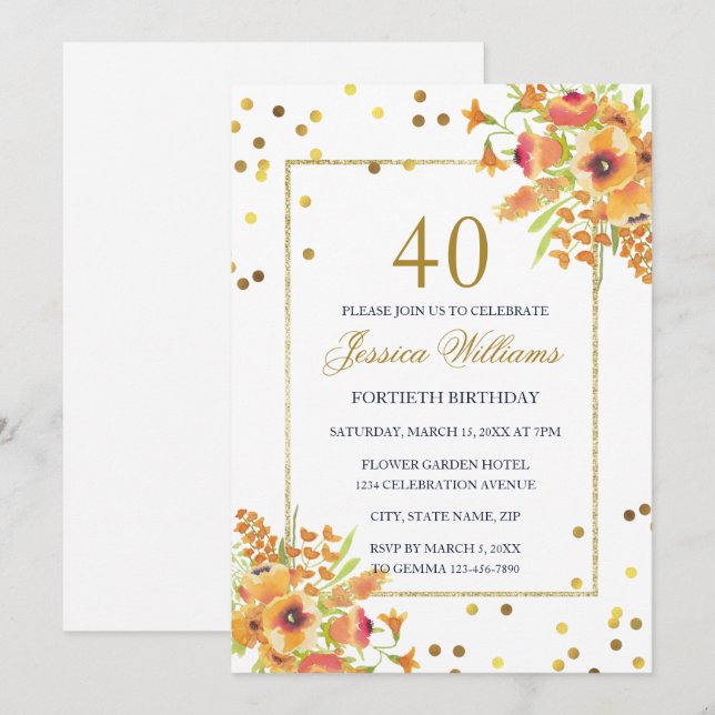 Invitation Confettis Romantiques & Bouquets de Coin 40e Anniv (Devant / Derrière)