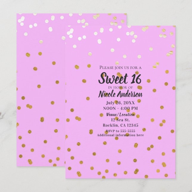 Invitation Confettis roses et or Points de modernité Glamour (Devant / Derrière)