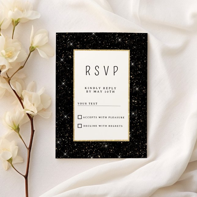 Invitation Confettis scintillants noirs et dorés RSVP (Black and gold sparkly glitter confetti RSVP )