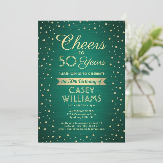 Invitation Confettis vert et or brossé pour anniversaire TOUT (Debout devant)