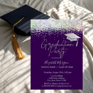 Invitation Confettis violets de ruban de chapeau de diplômé