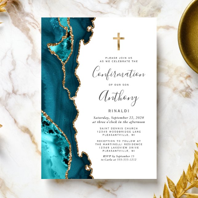 Invitation Confirmation Agate Bleu Sarcelle Paillettes Dorées (Créateur téléchargé)