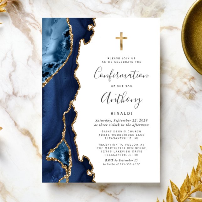 Invitation Confirmation Agate Géode Bleu Paillettes Or (Créateur téléchargé)