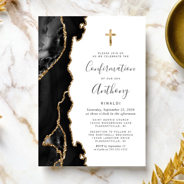 Invitation Confirmation Agate Géode Noir Paillettes Or Faux (Créateur téléchargé)