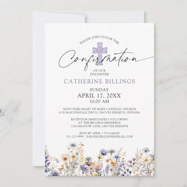 Invitation Confirmation Aquarelle Fleurs sauvages Croix de la (Devant)