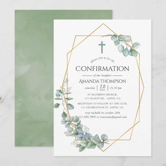 Invitation Confirmation aquarelle géométrique eucalyptus (Devant / Derrière)