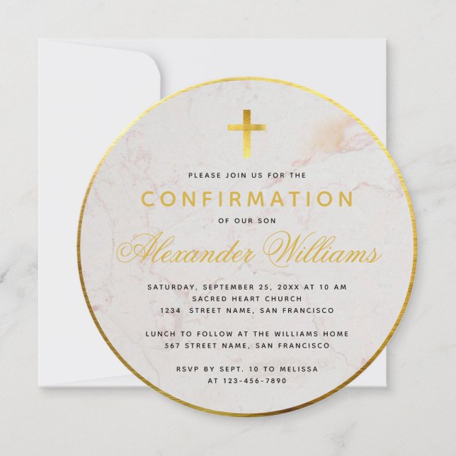 Invitation Confirmation Arrondi Faux Gold Foil Marbre Script (Devant)