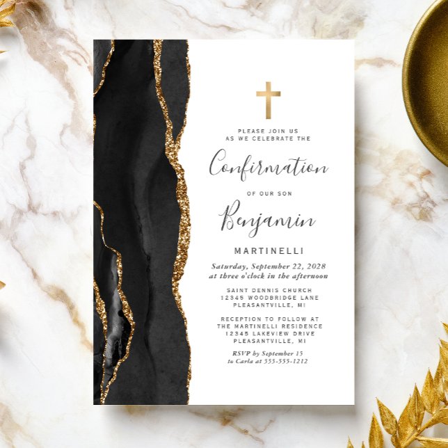 Invitation Confirmation au Glitter Or Agate Noir (Créateur téléchargé)
