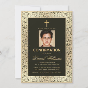 Invitation Confirmation Black Gold Boy Photo Vintage Floral