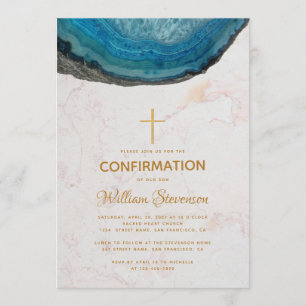 Invitation Confirmation Blue Geode Marble Gold Cross Boy
