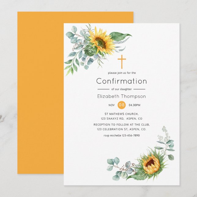 Invitation Confirmation Bohème Tournesol Eucalyptus (Devant / Derrière)