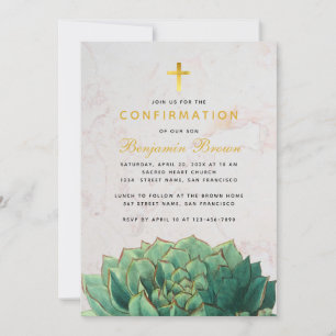 Invitation Confirmation Botanique Succulent Marbre Croix Or