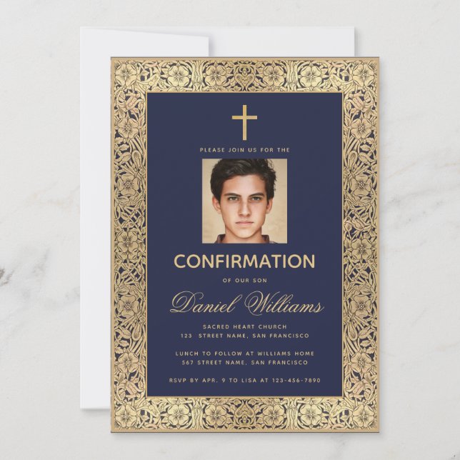 Invitation Confirmation Boy Photo Marine Blue Gold Roses Scri (Devant)