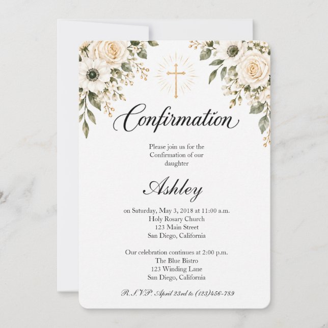 Invitation Confirmation croix florale moderne (Devant)