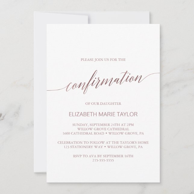 Invitation Confirmation de calligraphie or Rose élégant (Devant)