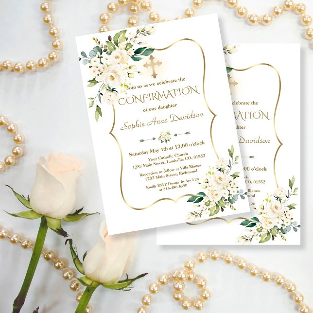 Invitation Confirmation de Croix d'or aux fleurs blanches de  (elegant trendy modern white flowers confirmation invitation, floral gold confirmation invitation)
