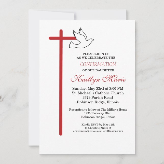 Invitation Confirmation de fille Croix-Rouge et colombe sur f (Devant)