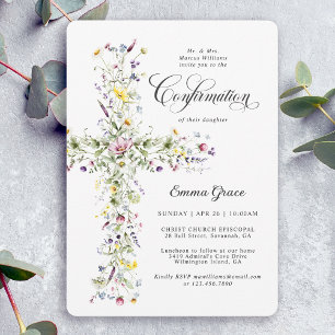 Invitation Confirmation de fille Fleur sauvage florale Croix