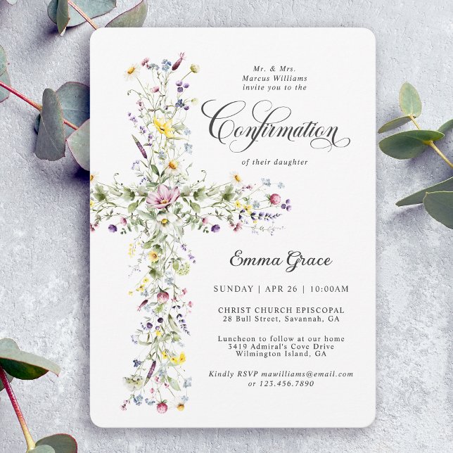 Invitation Confirmation de fille Fleur sauvage florale Croix (Available in both printed and instant download digital formats.)