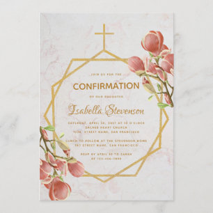 Invitation Confirmation de fille Magnolia rose or Marbre Flor
