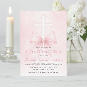 Invitation Confirmation de fille Ruban rose sur Croix Aquarel