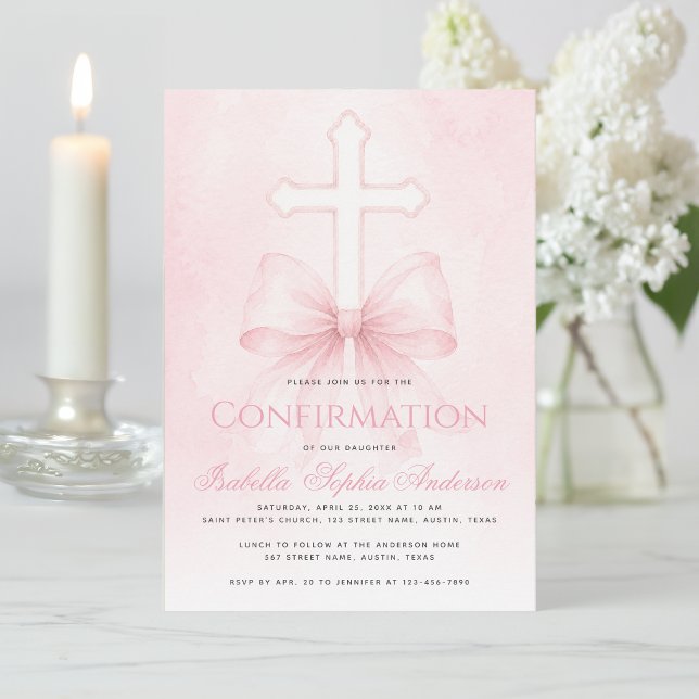 Invitation Confirmation de fille Ruban rose sur Croix Aquarel (Créateur téléchargé)