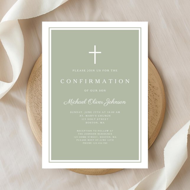 Invitation Confirmation de garçon de croix vert sauge moderne (Modern Sage Green Cross Boy Confirmation Invitation)