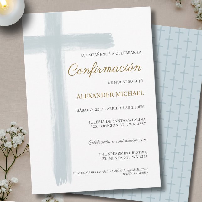 Invitation Confirmation de garçon espagnol Blue Cross Confirm (Créateur téléchargé)