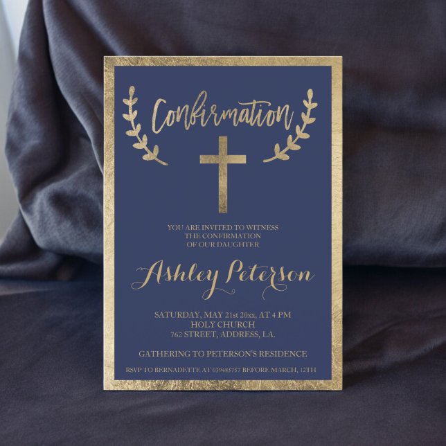 Invitation Confirmation de la bordure de la typographie bleue (Gold navy blue typography border confirmation invitation)