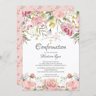Invitation Confirmation de la croix rose florale et or