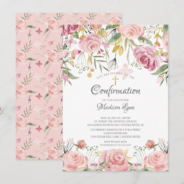 Invitation Confirmation de la floraison rose Aquarelle (Devant / Derrière)