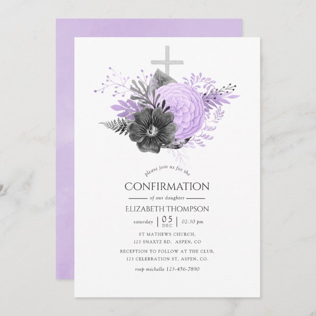 Invitation Confirmation de la florale de Lilac et de Charbon (Devant / Derrière)