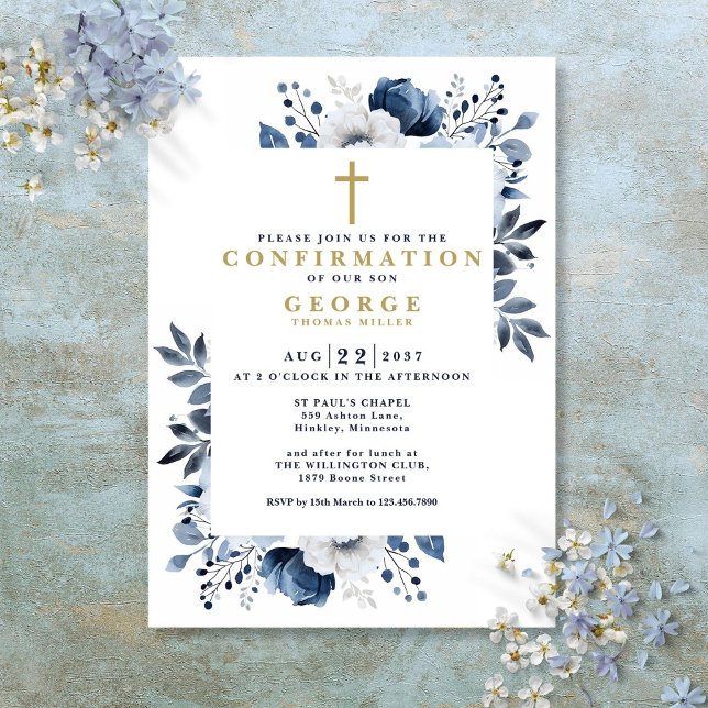 Invitation Confirmation de la flore botanique bleue de la mar (Navy Blue Floral Botanical Modern Confirmation Invitation)
