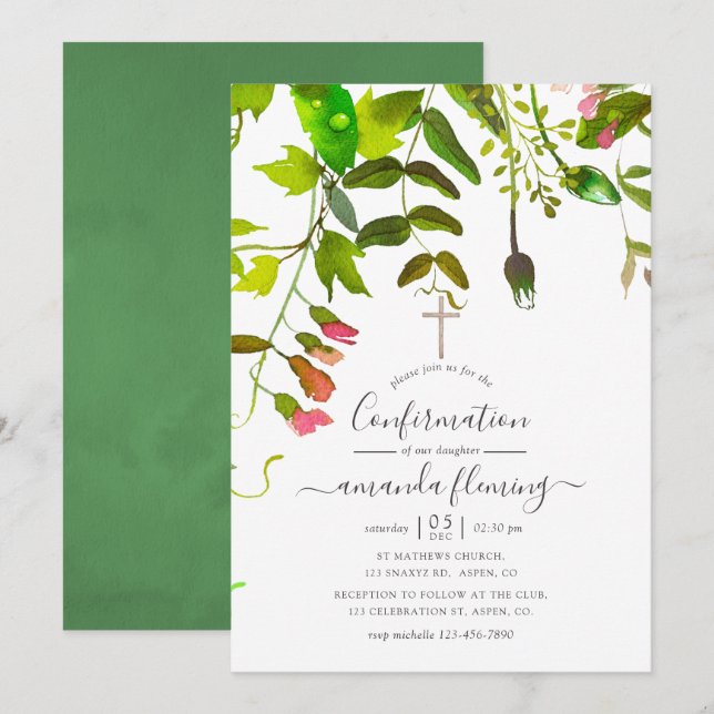Invitation Confirmation de la verdure printanière à l'aquarel (Devant / Derrière)