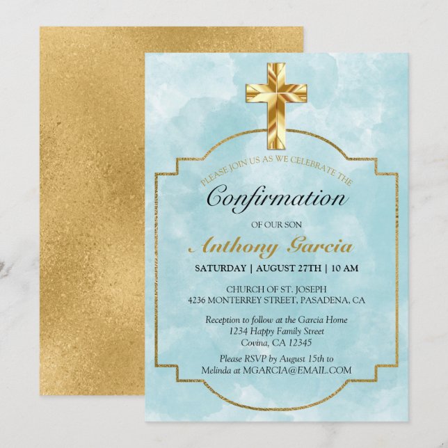 Invitation Confirmation de l'élégante Croix d'or bleu (Devant / Derrière)