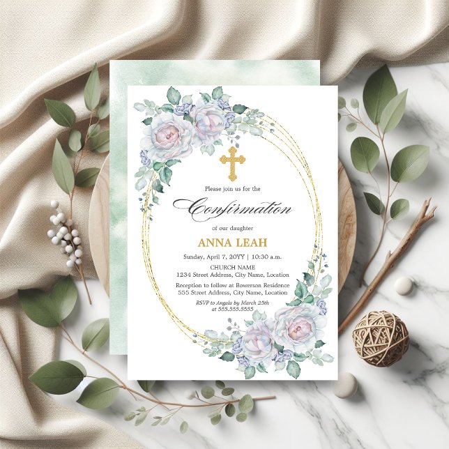 Invitation Confirmation de l'élégante Croix d'or Rose Floral (Elegant Floral Rose Gold Cross Confirmation Invite front and back view.)