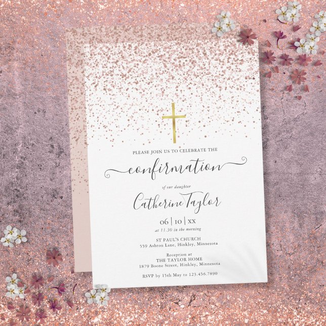 Invitation Confirmation de Parties scintillant or Rose modern (Modern Rose Gold Glitter Confirmation Invitation)